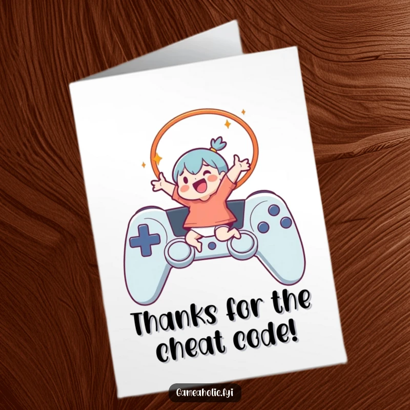 Funny free printable thank you card with a gamer leaping through a controller hoop, expressing thanks.