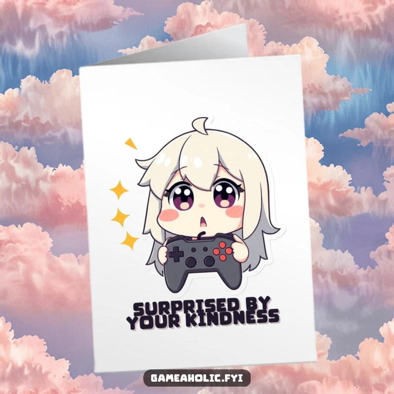 Funny Free Printable Thank You Card: Character looking surprised, clutching a game controller, thanking you.