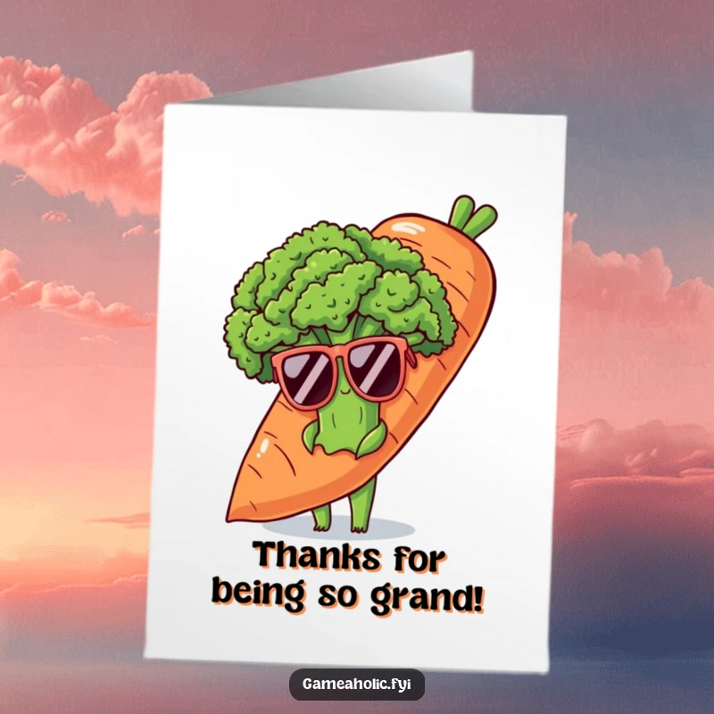 Funny Free Printable Thank You Card: Shy broccoli wearing oversized sunglasses peeks from behind a large carrot expressing thanks.