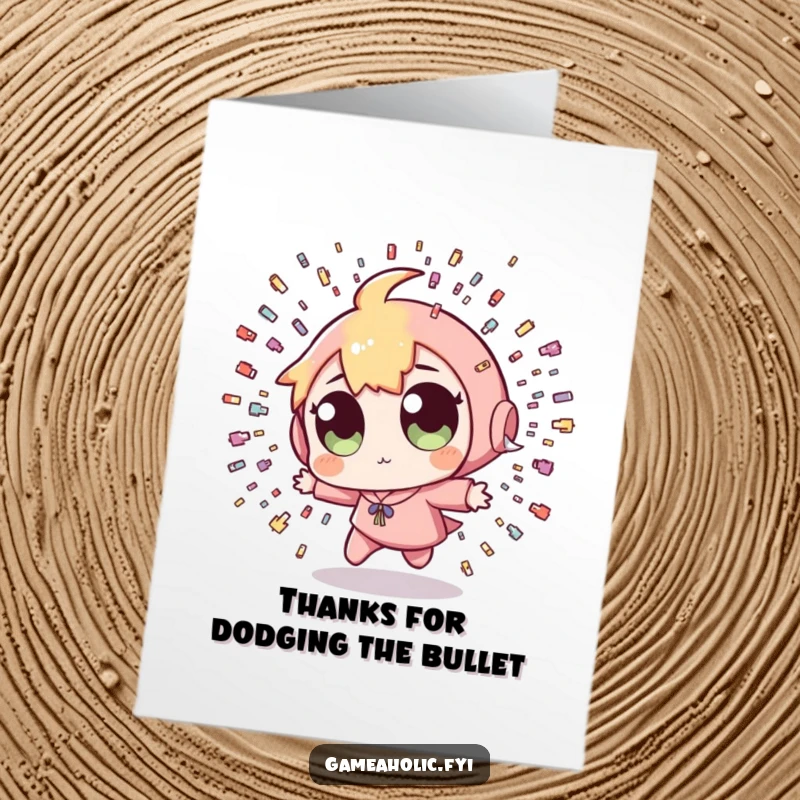 Funny Free Printable Thank You Card: Character with wide eyes skillfully dodging pixel bullets, a humorous thank you.