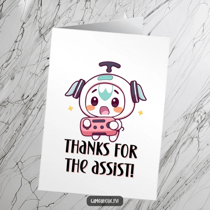 Funny Free Printable Thank You Card: Gamer character surprised, catching a flying controller, a funny way to say thanks, downloadable.