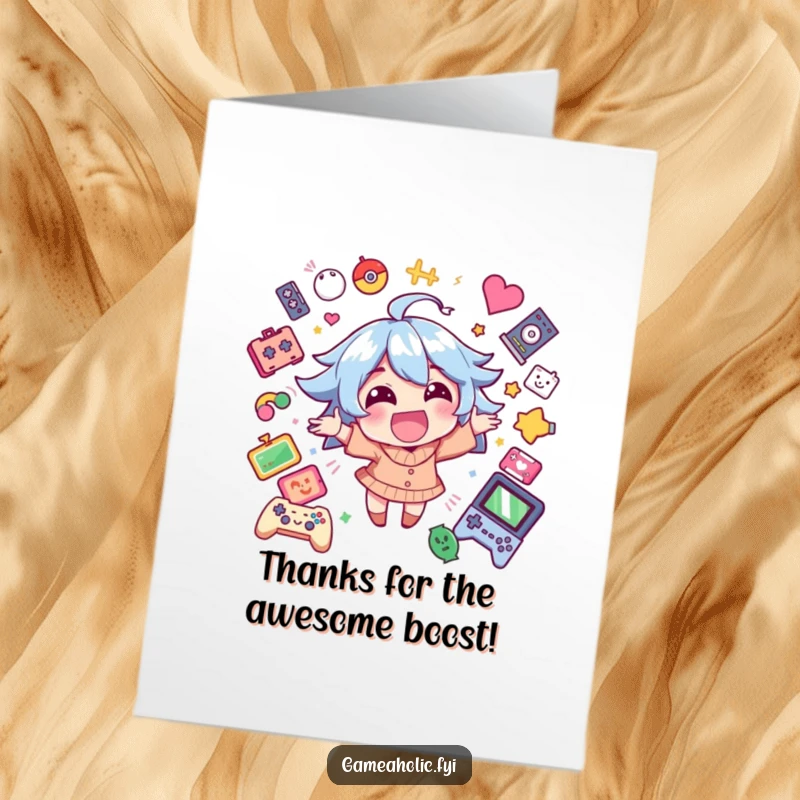 Funny Free Printable thank you card with a happy character bursting with excitement, surrounded by game icons, expressing thanks.