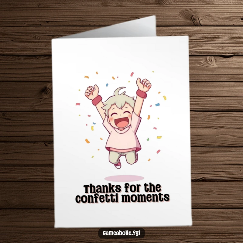Funny Free Printable Thank You Card: Character cheering wildly, throwing confetti, leaping to say thank you.