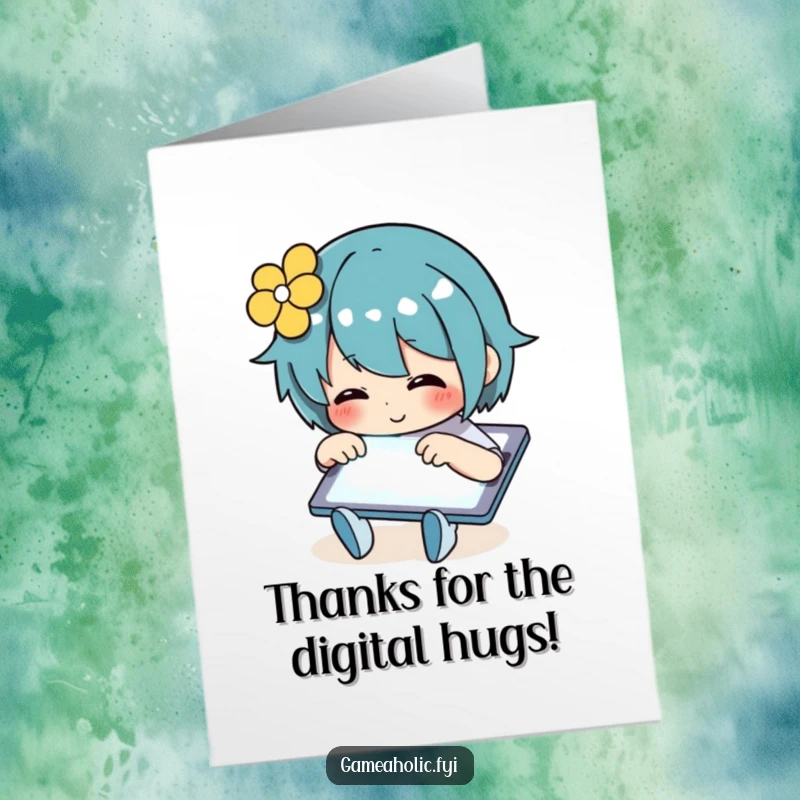 Funny Free Printable Thank You Card depicting a character expressing gratitude via rapid tapping on a glowing tablet.