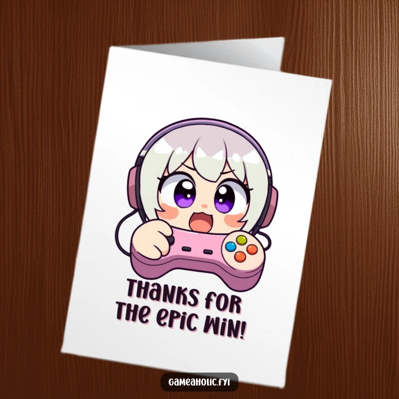 Funny Free Printable Thank You Card depicting a gamer excitedly mashing controller buttons, saying thanks.