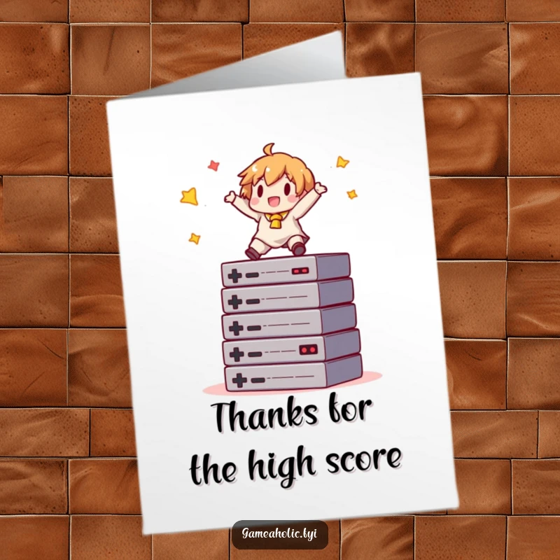 Funny Free Printable Thank You Card: Gamer character balancing on game cartridges, expressing thanks.