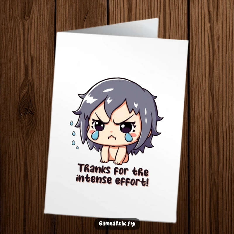 Funny Free Printable Thank You Card: Playful character intensely focused, sweat flying, thanking someone for their hard work.