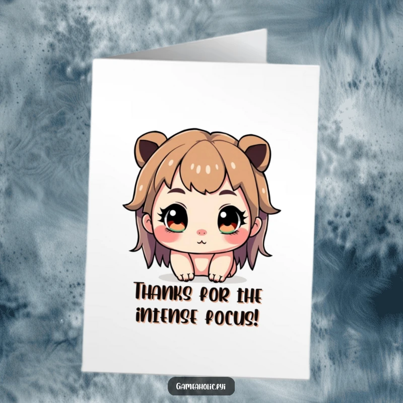 Funny Free Printable thank you card with a cute character intensely focused, eyes wide and sparkling, showing gratitude.