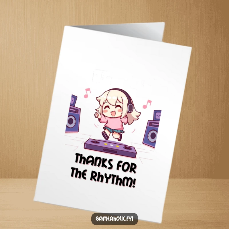 Funny Free Printable Thank You Card: Gamer character tapping their foot energetically to a game beat, sending thanks.