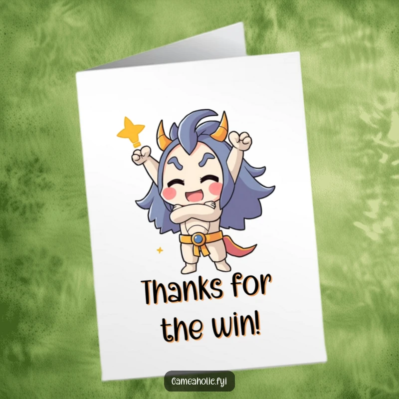 Funny Free Printable Gamer Thank You Card: Character triumphantly poses with crossed arms, thanking someone for their win.