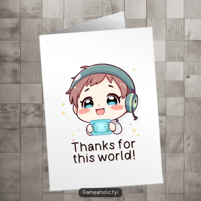 Funny Free Printable Gamer Thank You Card: Character marvels with delight at a flashing, immersive virtual world, sending thanks.
