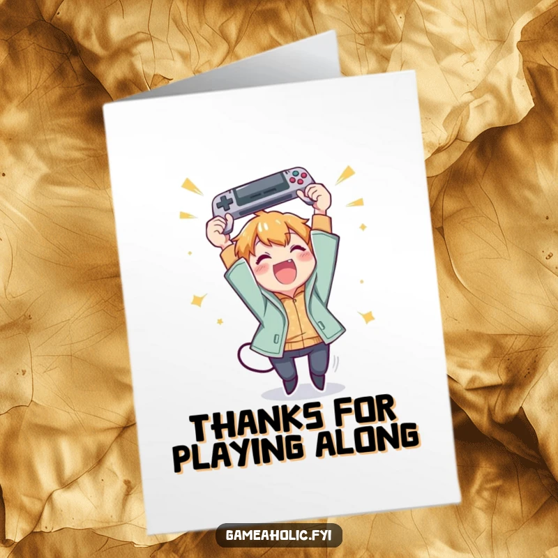 Funny Free Printable Thank You Card: Character joyfully throws a gamepad in the air in thanks, a gaming DIY gift.