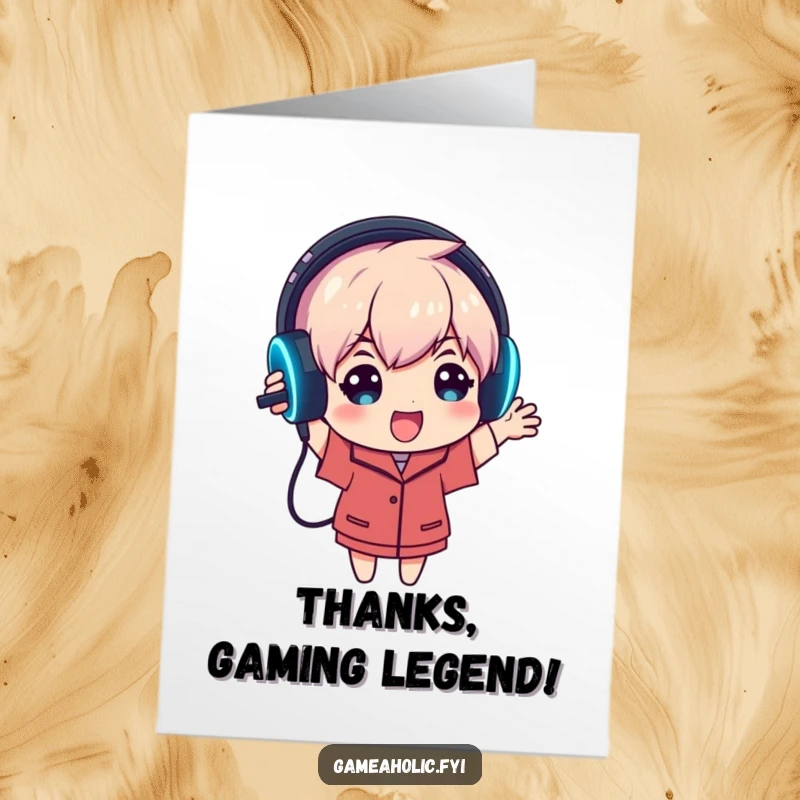 Funny free printable thank you card of a character enthusiastically holding a glowing gaming headset, thanking for new equipment.