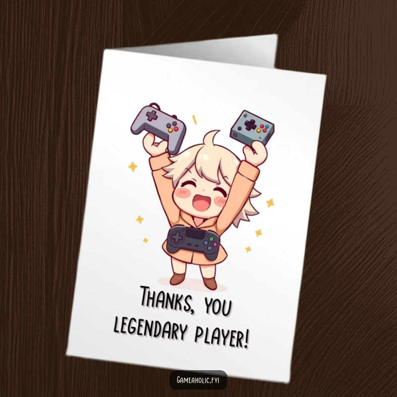 Funny free printable thank you card of a gamer tossing a controller in the air, expressing gratitude for a fun game.