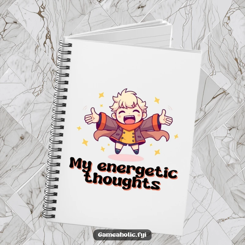 Funny notebook cover featuring a character spinning with arms outstretched, perfect for jotting down gaming ideas.