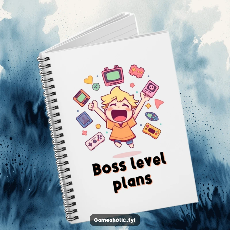 Funny notebook with a character cheering wildly surrounded by floating game icons, perfect for jotting down game strategies.