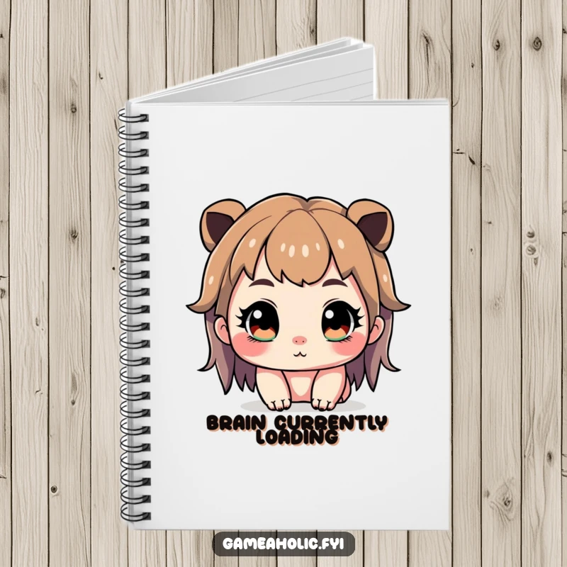 Funny notebook cover with a cute character intensely focused, eyes wide and sparkling, ready to record game plans.