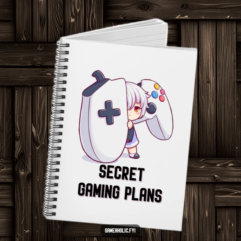 Funny notebook cover featuring a character playfully hidden behind a massive game controller, ideal for jotting down gaming thoughts.