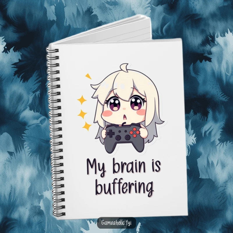 Funny notebook cover with a character looking surprised, eyes wide, clutching a game controller.