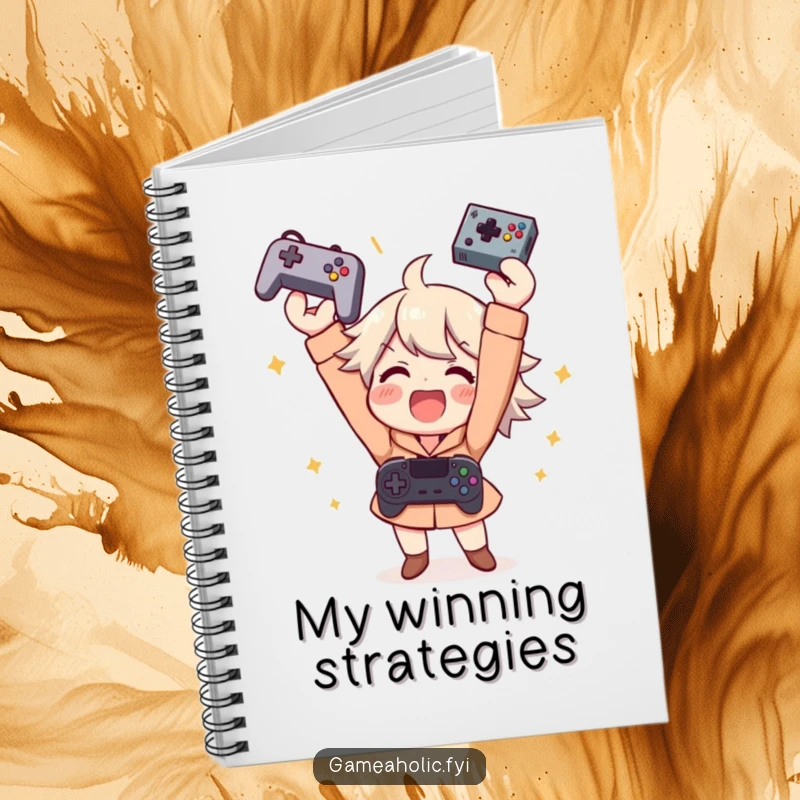 Funny notebook cover with an ecstatic gamer character throwing a controller in the air, symbolizing victory planning and celebration.