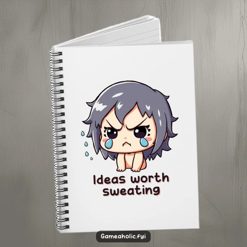 Funny Notebook: Playful character intensely focused, sweat flying, ready to record epic gaming strategies.