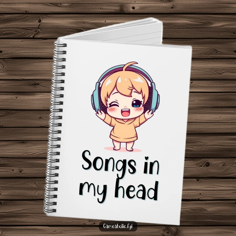 Funny notebook with a delighted character wearing large headphones, happily bobbing their head, ideal for jotting down musical ideas.