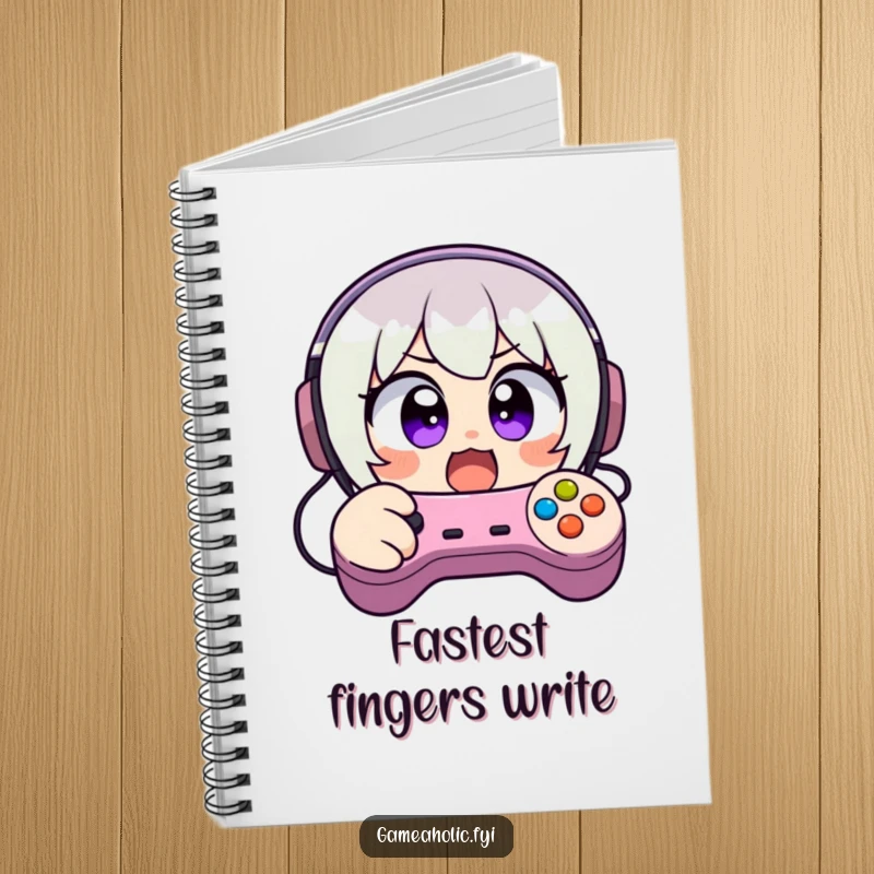Funny notebook with a character having wide, excited eyes, frantically mashing video game controller buttons, perfect for jotting down gamer thoughts.