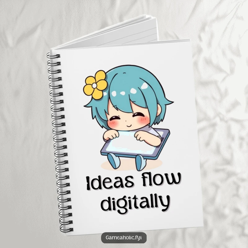 Funny Notebook cover with a person joyfully tapping on a glowing tablet screen, designed for capturing ideas and humor.