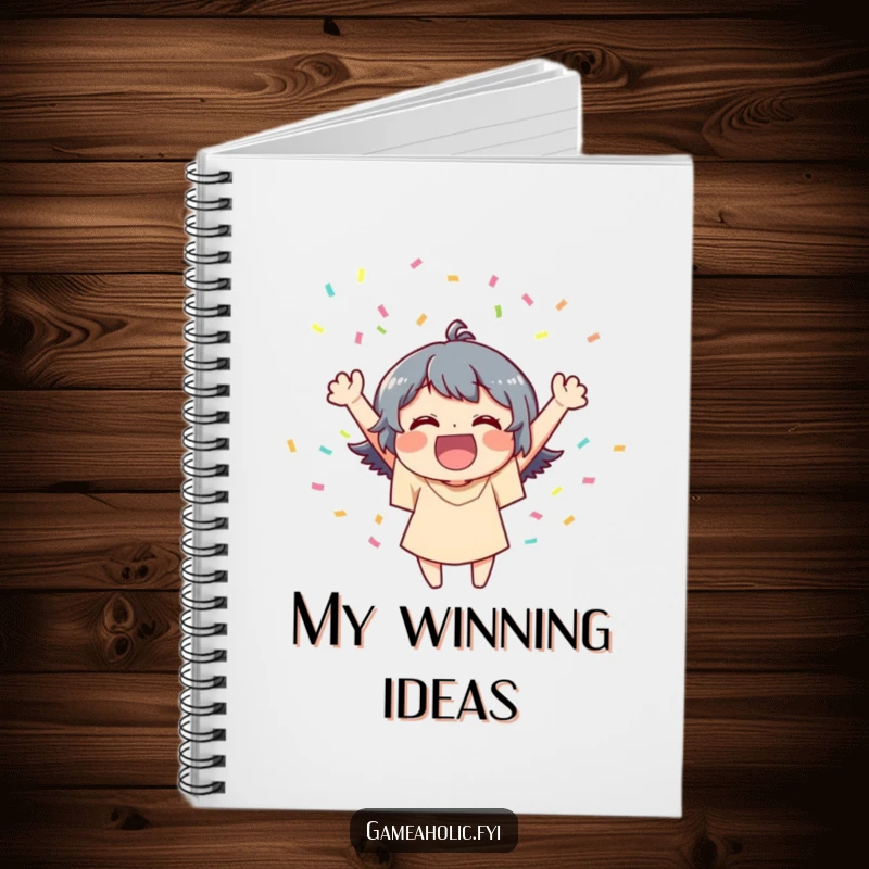 Funny notebook featuring a joyful character celebrating a victory with a vibrant shower of confetti on the cover.
