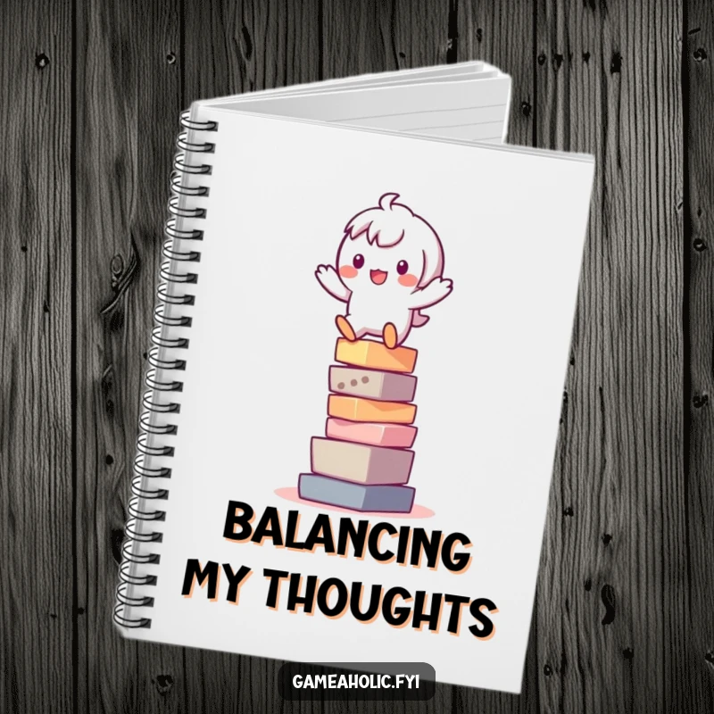 Funny notebook with a playful character precariously balanced on a stack of pixels, ideal for jotting down ideas.