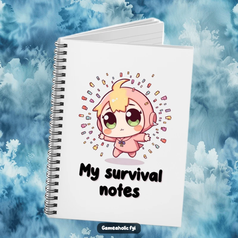 Funny Pixel Bullet Notebook: A notebook adorned with a character with wide eyes dodging tiny pixelated bullets, perfect for capturing strategies.