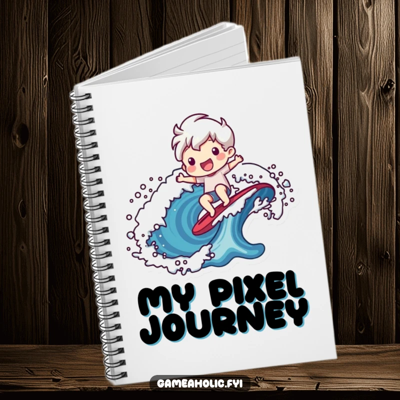 Funny notebook cover featuring a cheerful character riding a stylized pixelated wave, perfect for game notes.