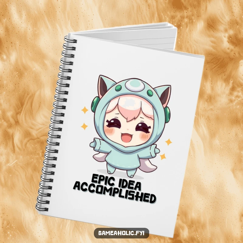 Funny notebook cover with a character with joyful eyes celebrating a successful in-game maneuver, great for recording wins and ideas.