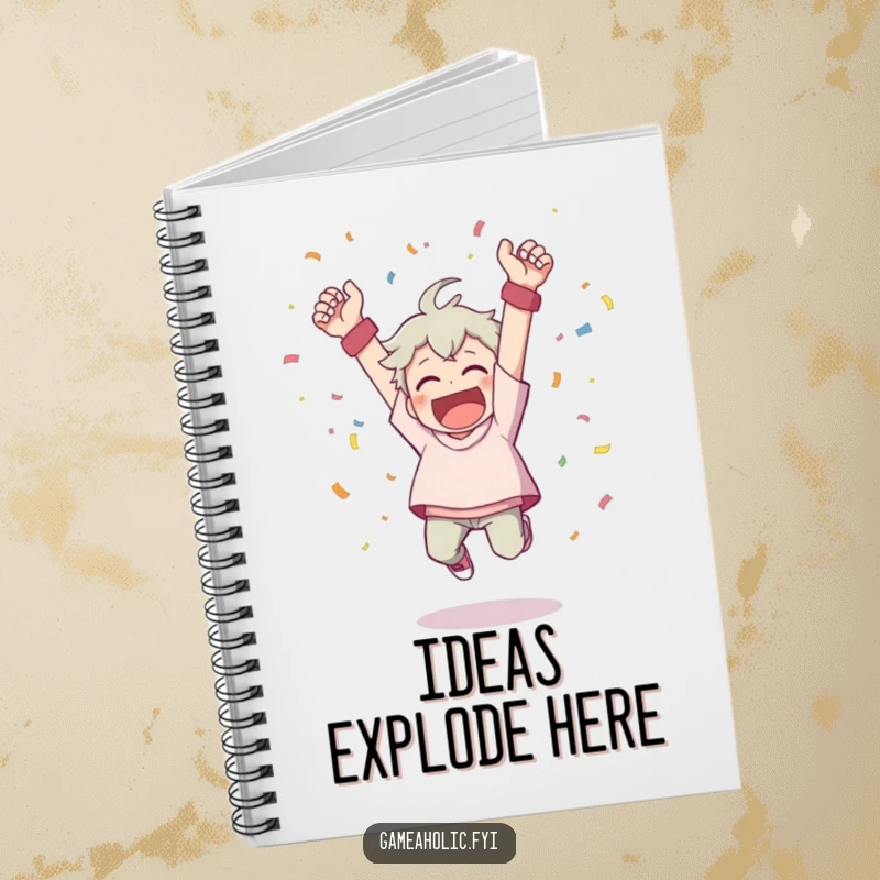 Funny notebook cover with a character cheering wildly, throwing confetti, and leaping from a victory pose.