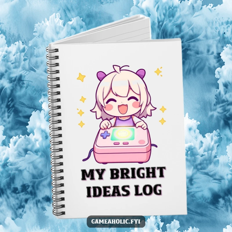Funny Notebook with a character happily powering up a stylized, glowing game console, perfect for notes and gamer thoughts.