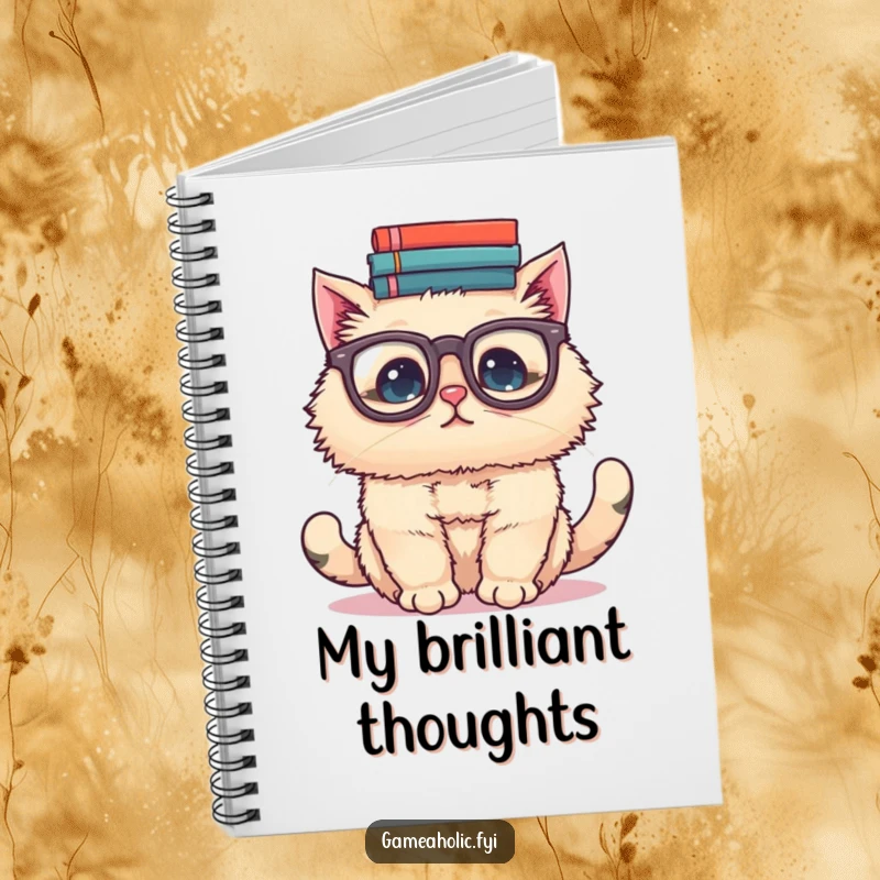 Funny notebook cover with a fluffy cat wearing oversized glasses, attempting to balance a precarious stack of books on its head.