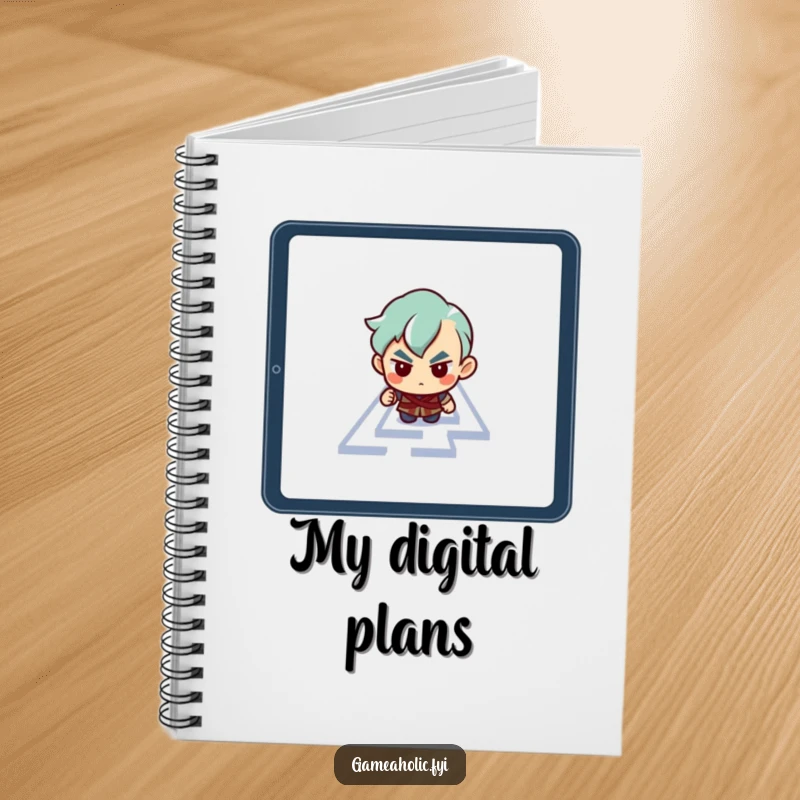 Funny notebook cover featuring a determined character navigating a maze on a tablet screen, ready for notes.
