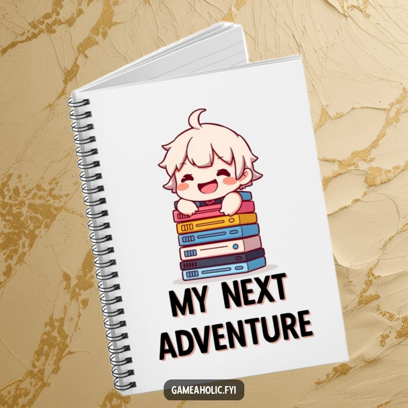 Funny notebook with a character having a grin, balancing a stack of video game cases, perfect for logging game collections.
