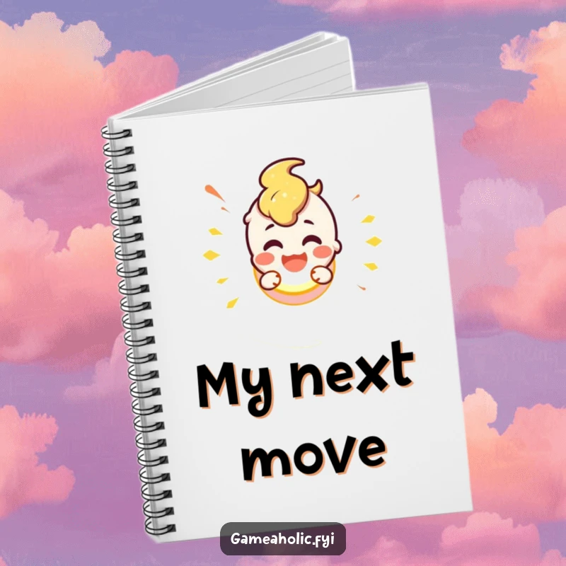 Cute character smashing a glowing button, perfect for jotting down ideas or plans, inside a notebook.
