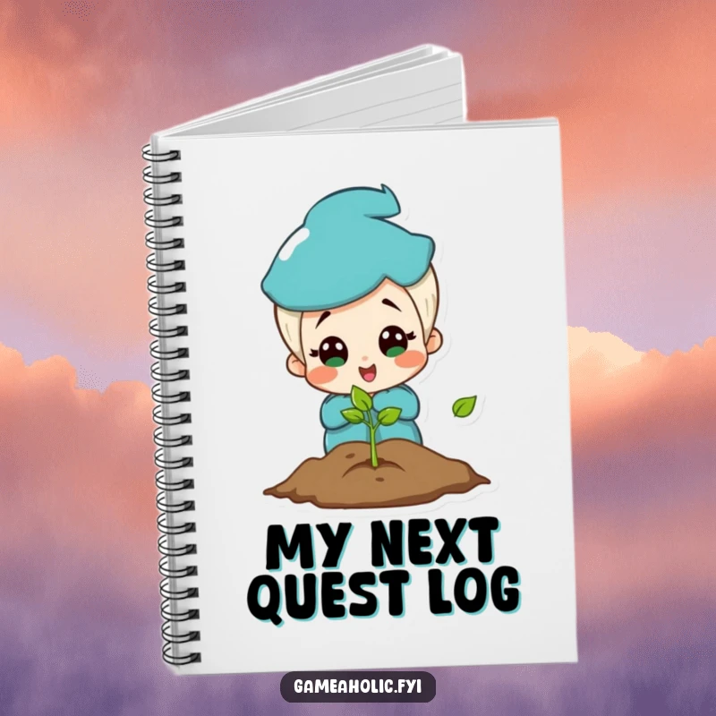 Funny notebook cover with a charming character in delighted surprise over a glowing video game screen, ready for notes.