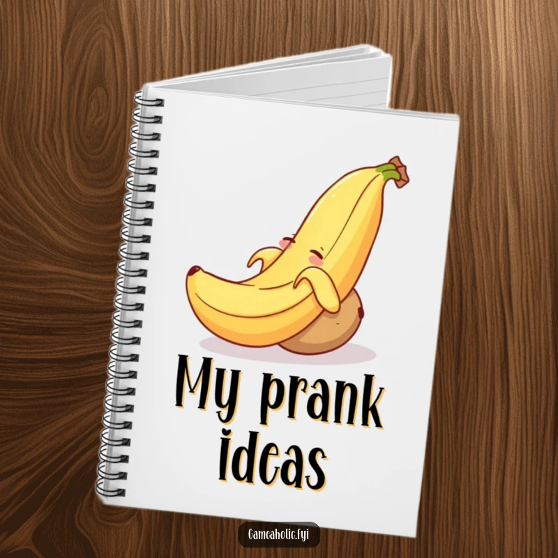 Funny notebook cover with a smiling banana peel tripping a drowsy, rolling potato, inspiring silly ideas.