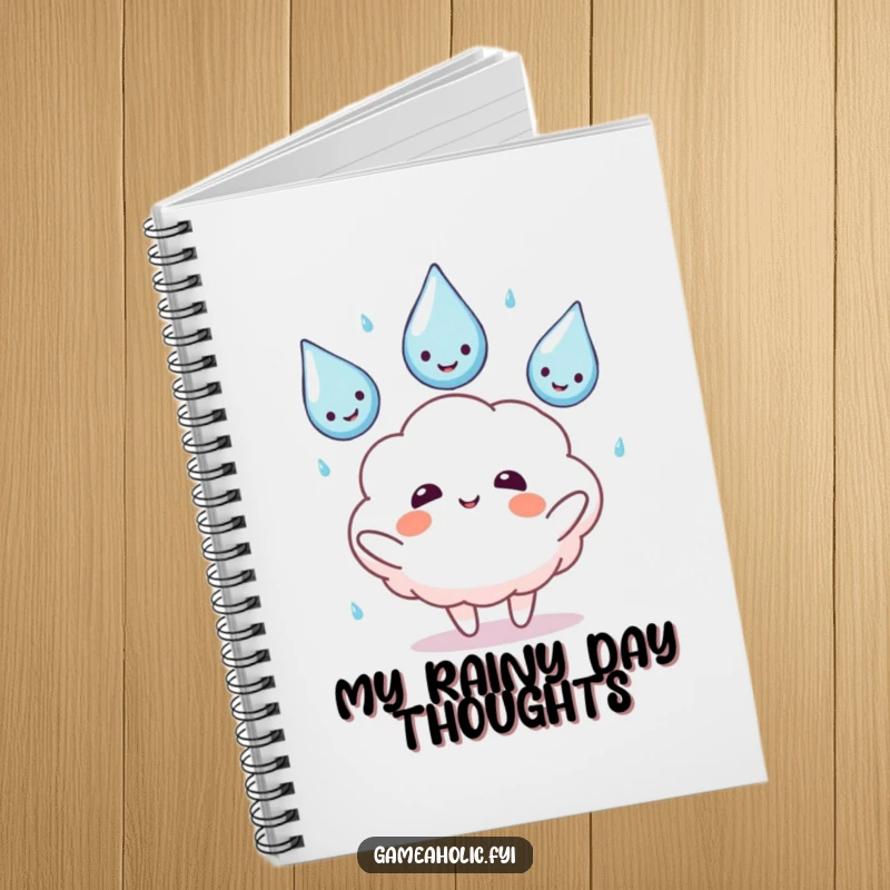 Funny notebook showing a fluffy cloud character juggling smiling rain drops, encouraging organized dreaming and planning.