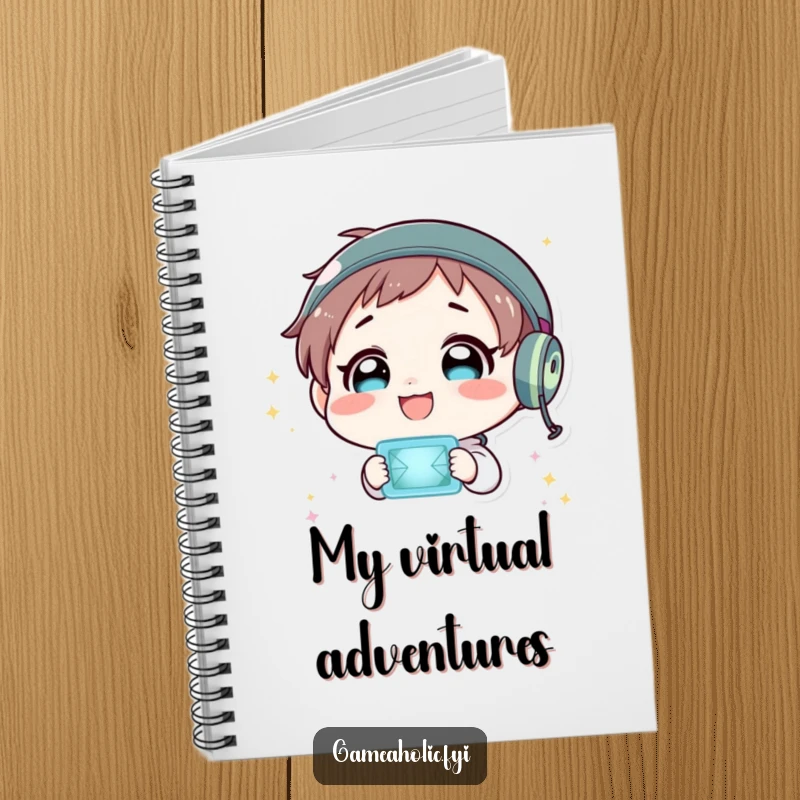 Funny notebook cover featuring a character delightedly observing a flashing virtual world, perfect for jotting down ideas.