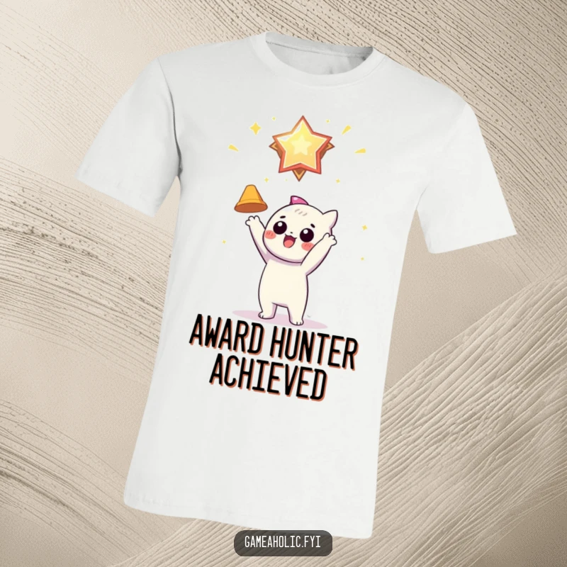 Funny t-shirt featuring a character eagerly reaching out to grab a shimmering, hovering virtual award, symbolizing ambition.