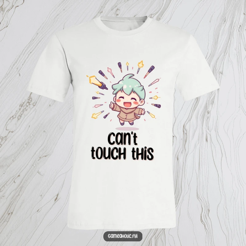 Funny t-shirt of a character joyfully dodging a barrage of digital projectiles, a humorous and energetic gift for gamers.