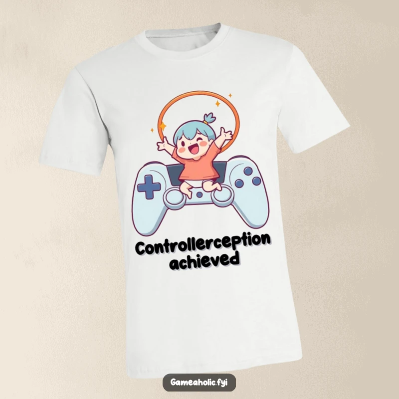 Funny T-Shirt depicting a character performing an impressive leap through a giant controller-shaped hoop, radiating gamer energy and happiness.