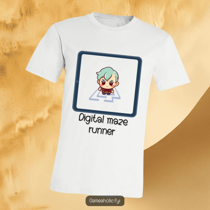Funny t-shirt of a determined character engrossed in navigating a digital maze on a tablet screen.