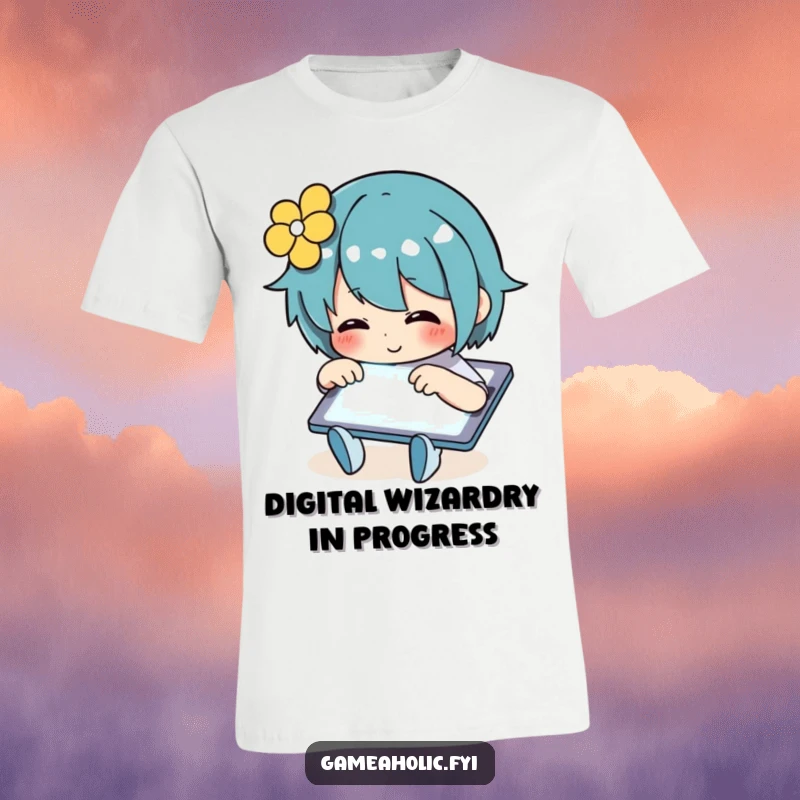 Funny T-Shirt depicting a joyful individual intensely tapping on a vibrant, glowing tablet screen, ideal for tech addicts.