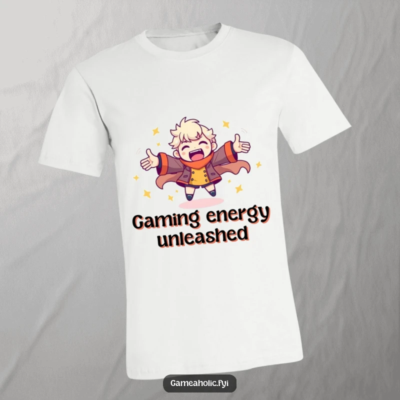 Funny t-shirt featuring a character spinning joyfully with arms outstretched, embodying explosive gaming energy and enthusiasm.