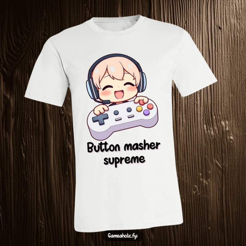 Funny t-shirt of a character with headphones, enthusiastically smashing large game controller buttons with pure joy.